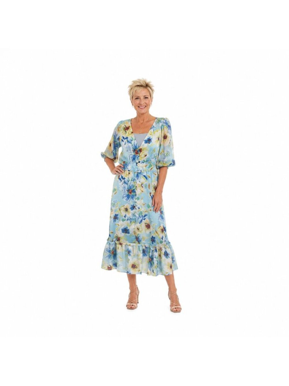 New Kensie Blue Floral Size 14 Midi Dress With Elastic Waist & Ruffled Hem